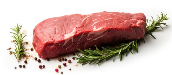 Wall Mural - Top view of raw silverside sirloin beef cut accompanied by herbs displayed on a butcher table against a clean white background in a copy space image