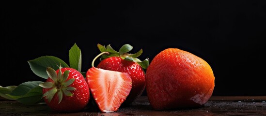 Wall Mural - Copy space image of a dark background showcasing a fresh strawberry accompanied by sliced peaches