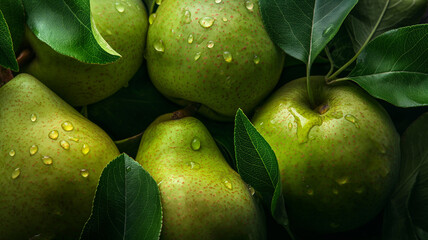 Close-up of fresh pear captured with their intense green hues and shiny texture. Summer fruit