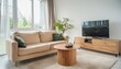 © Sadaqat - Natural Wood Coffee Table in a Minimalist Living Room: Beige Sofa and TV Unit Against a Window'
