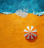 Fototapeta  - Color illustration of beach with sun umbrella from top viwe, above beautiful tropical beach. Poster.