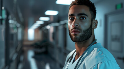 A man in a white coat stands in a hospital hallway