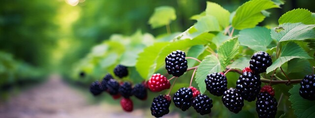 Wall Mural - Blackberries grow in the garden. Ripe and unripe blackberries on a bush. selective focus. Generative AI,