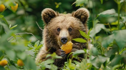 Canvas Print - bear eats honey on the background of nature. Selective focus