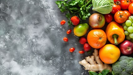 Wall Mural - Fresh fruits and vegetables on grey background. Healthy eating concept. Flat lay, copy space.. with high resolution photography, copy space for text banner background