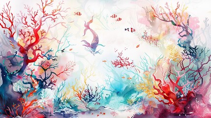 Colorful watercolor painting of mermaids swimming with fish in coral reef, with red, ochre, grape, and off-white hues.