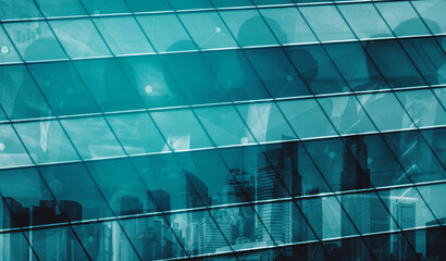 Wall Mural - double exposure image of faded business abstract background with office building and people conferen
