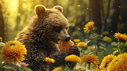 bear eats honey on the background of nature. selective focus