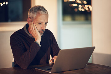 Poster - Male programmer, working and laptop in home at night for career, planning for coding or programming. Mature man, dark and house with computer for job with code, thinking with idea for website