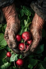 Poster - the farmer holds a radish in his hands. Selective focus