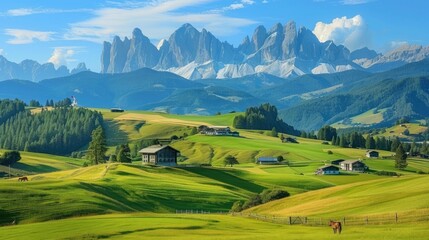 Wall Mural - View of the Seiser Alm (Alpe di Siusi in Italian), one of the biggest alpine meadows on the Dolomites, with the Sassolungo and Sassopiatto peaks on the background