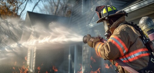 Wall Mural - Firefighter in action, spraying water to extinguish flames engulfing a residential house, showcasing bravery and emergency response.