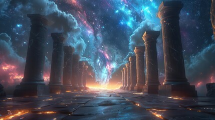 Wall Mural - a long, narrow path with pillars and a sky full of stars