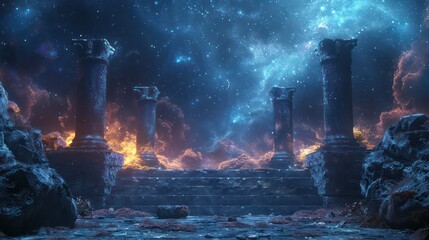 Wall Mural - a dark, mysterious scene with a large, empty space with pillars