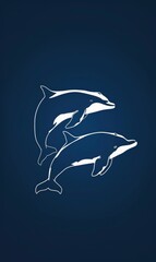 minimalist white line art vector of two dolphins on a navy blue background