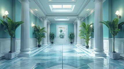 Wall Mural - A large, empty hallway with white pillars and a blue wall