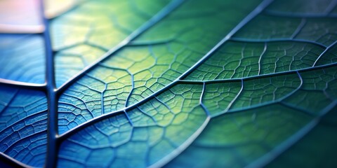 Leaf of a tree close-up. Blue toned background or wallpaper. Mosaic pattern from a net of veins and plant cells. Abstract backdrop on a floral theme. Macro. High quality photo
