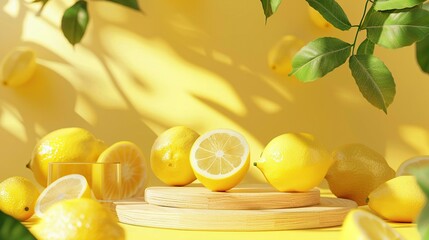 Wall Mural - There are several lemons on a wooden table against a blurred background of lemon leaves.

