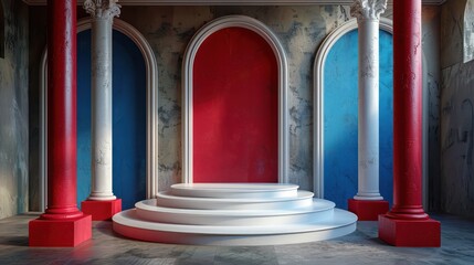 Wall Mural - A large, empty room with red, white, and blue pillars