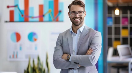 Wall Mural - A confident businessman presenting a roadmap for business success in 2023, with an increase arrow graph serving as a visual aid. 