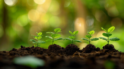 Wall Mural - Close-up of young green seedlings emerging from fertile, moist soil, representing new life and growth in nature.