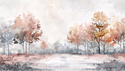 Wall Mural - A panoramic watercolor illustration of an autumn landscape with light pastel tones, featuring white and gray backgrounds and trees in a long, narrow view.