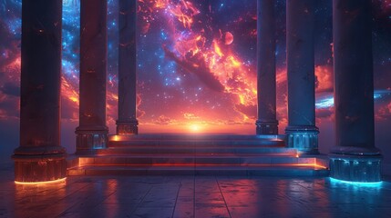 Wall Mural - a colorful, surreal scene with a bright orange sun in the sky