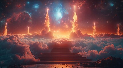 Wall Mural - a colorful sky with a staircase leading up to a bright orange sky