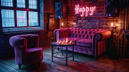 Wall Mural - A room with a pink couch and a table with candles on it