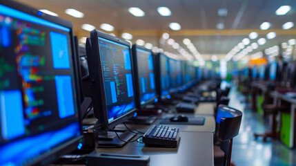 high-tech computer lab with multiple advanced workstations featuring large screens and coding data d