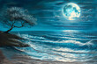 © Florian - A moonlit beach scene with crashing waves and an old tree on the shore, blue illustration