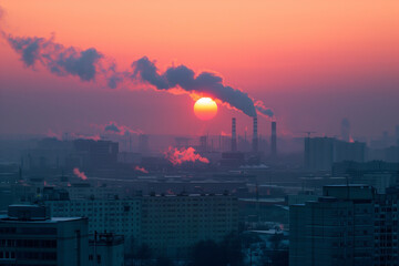 factory chimneys smoke on sunset over industrial city, environmental pollution problems