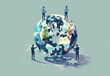© VICHIZH - Global Unity Diverse Group of People Standing on Top of Puzzle Globe Symbolizing Collaboration, Teamwork, and Diversity