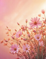 Field of pink flowers in various stages of bloom, with a soft, pastel color palette and a light pink to peach gradient background with copy space.