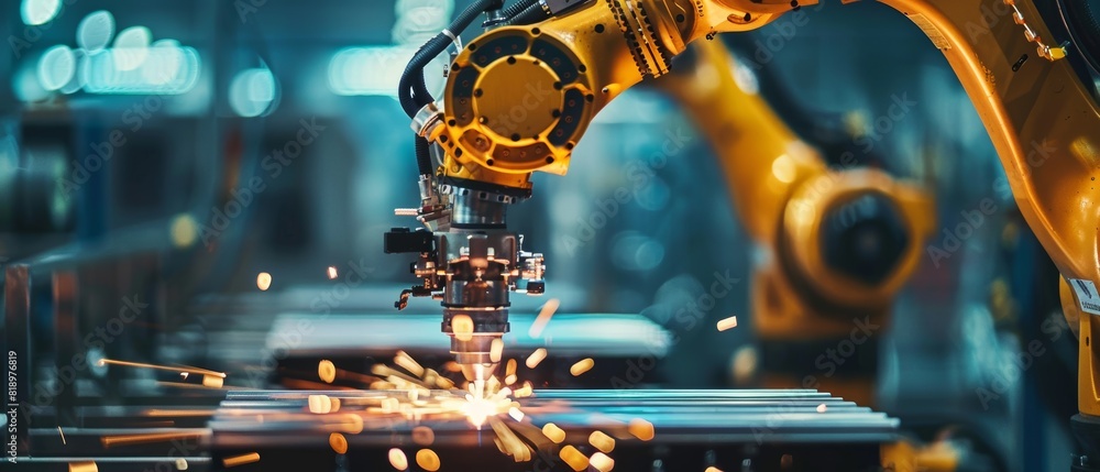 Close-up of industrial robotic arms operating in a factory, welding and ...