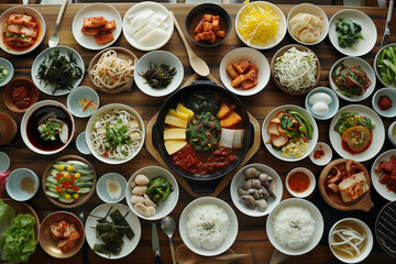 Wall Mural - various korean foods served on table, top view