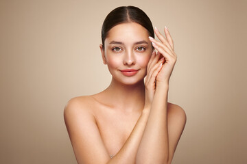 portrait beautiful young woman with clean fresh skin. model with healthy skin, close up portrait. co