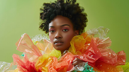 A model wearing a stylish outfit posing confidently against a green background