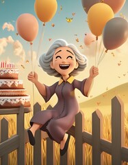 Poster - Old lady with balloons having a birthday party 