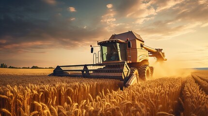 Agricultural combine for harvesting crops in the field. Concept: food supplies and world hunger problems, grain for export and import.