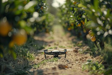 Wall Mural - Smart farming drone in an isometric vector field using sensors for crop care, agricultural innovation, and sustainable automated farming conditions.