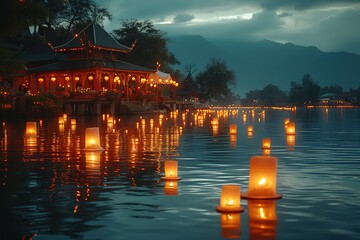 Wall Mural - Floating Lantern Festival Reflections The reflections of floating lanterns on calm water during a festival, creating a mesmerizing visual display