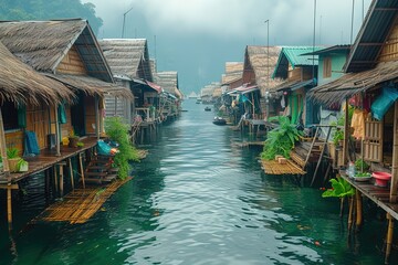 Wall Mural - Floating Village on Stilts A water village built on stilts, exemplifying a unique way of living above the water in coastal regions