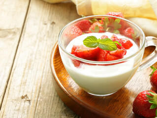 Sticker - dessert yogurt with fresh strawberries in a glass