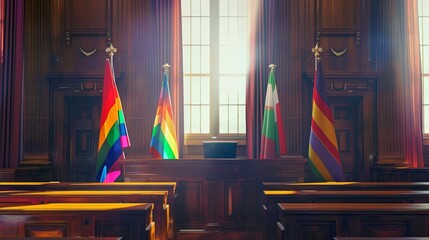 Courtroom with pride flags, advocating for LGBTQ rights copy space, justice, vibrant, multilayer, courtroom