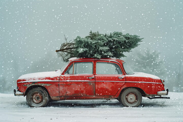 red retro car carries a large fir tree on its roof. snowing. Christmas cheer, Holiday travel, Winter wonderland, Nostalgia, Homecoming, Family tradition, New Year's celebration