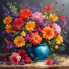 Canvas Print - AI generated illustration of vibrant floral still life, bursting with color