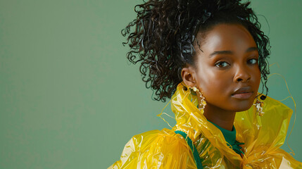 A model wearing a stylish outfit posing confidently against a green background