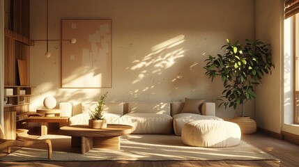 modern interior japandi style design livingroom. lighting and sunny scandinavian apartment with plas