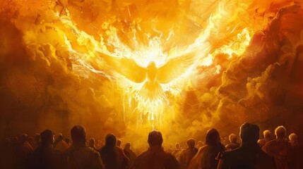 Wall Mural - pentecost scene with the holy spirit descending as a dove amidst flames empowering followers gathered before the fire digital painting